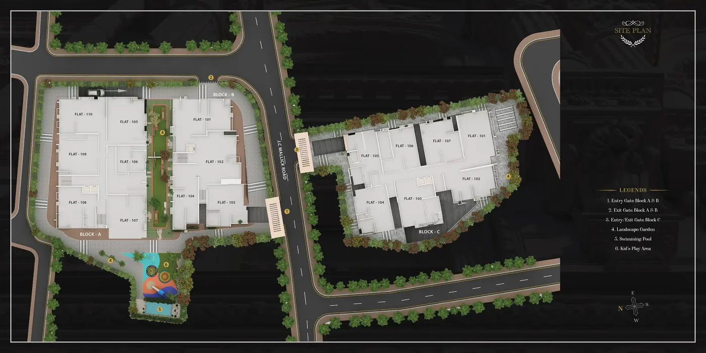 Site plan showing blocks A, B and C